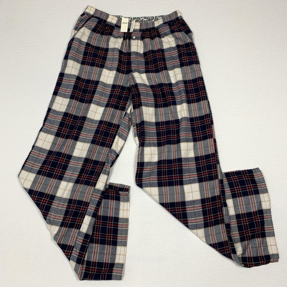 NWT Aerie Pajama Pants Womens M Long Tall Navy Plaid Drawstring Lounge